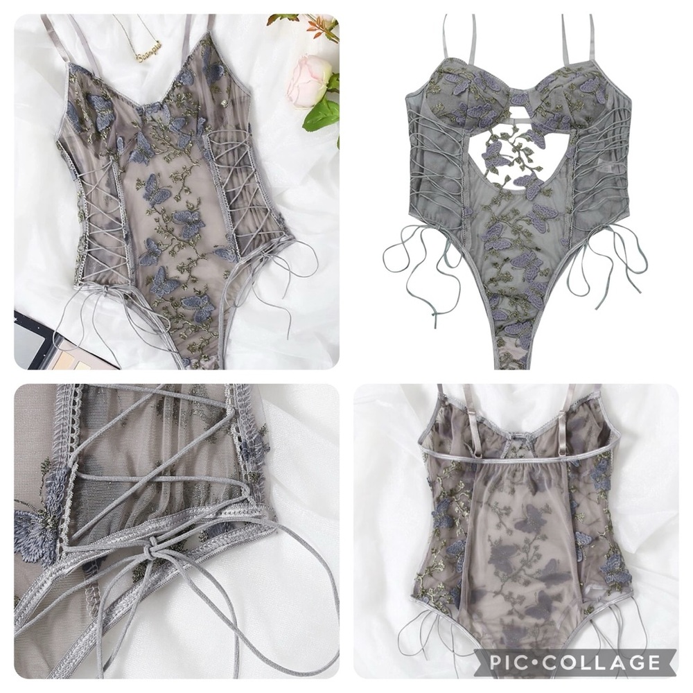 Butterfly Floral Embroidered Mesh Lace-Up Bodysuit – Size M